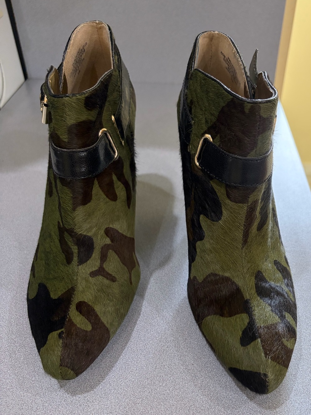 Nine West Camouflage faux horsehair Pointed Toe Ankle Booties in Green & Black